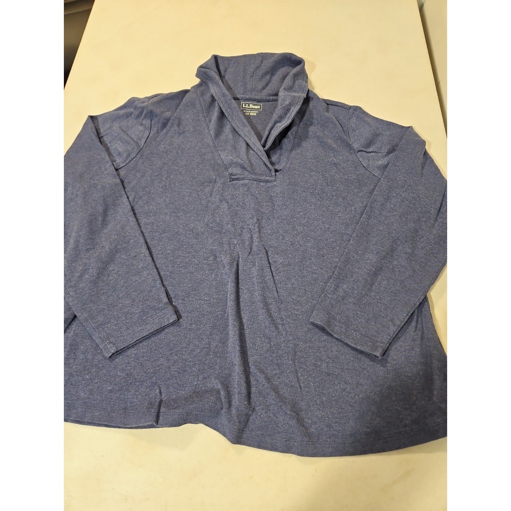 LL Bean Blue Shawl-Collar Pullover Tee Womens 1X Reg. Long Sleeve Shirt (766